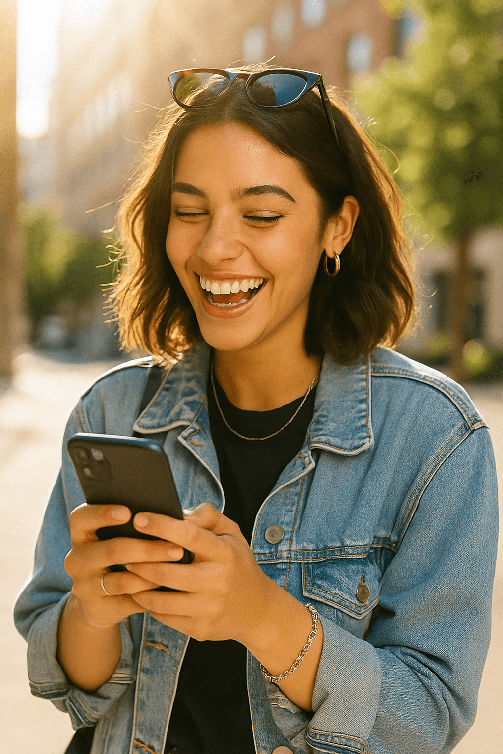A happy woman using her phone to manage her finances with illumin